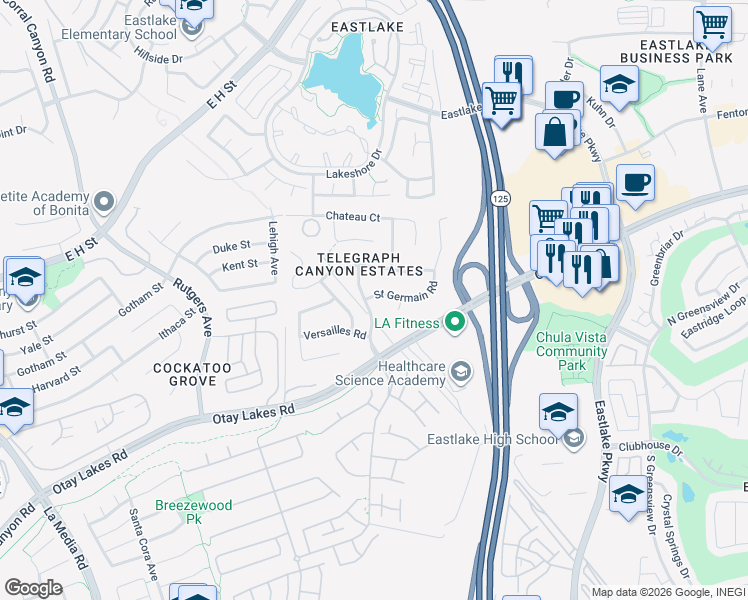 map of restaurants, bars, coffee shops, grocery stores, and more near 984 Saint Germain Road in Chula Vista