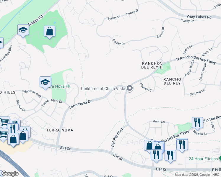map of restaurants, bars, coffee shops, grocery stores, and more near 719 Terra Nova Drive in Chula Vista