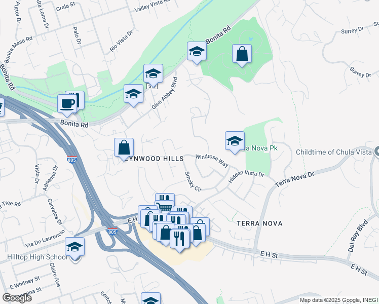 map of restaurants, bars, coffee shops, grocery stores, and more near 400 Moonview Drive in Chula Vista