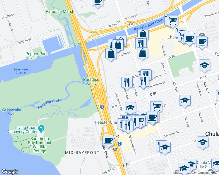 map of restaurants, bars, coffee shops, grocery stores, and more near 24 Woodlawn Avenue in Chula Vista
