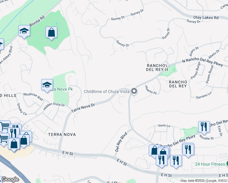 map of restaurants, bars, coffee shops, grocery stores, and more near 719 Terra Nova Drive in Chula Vista