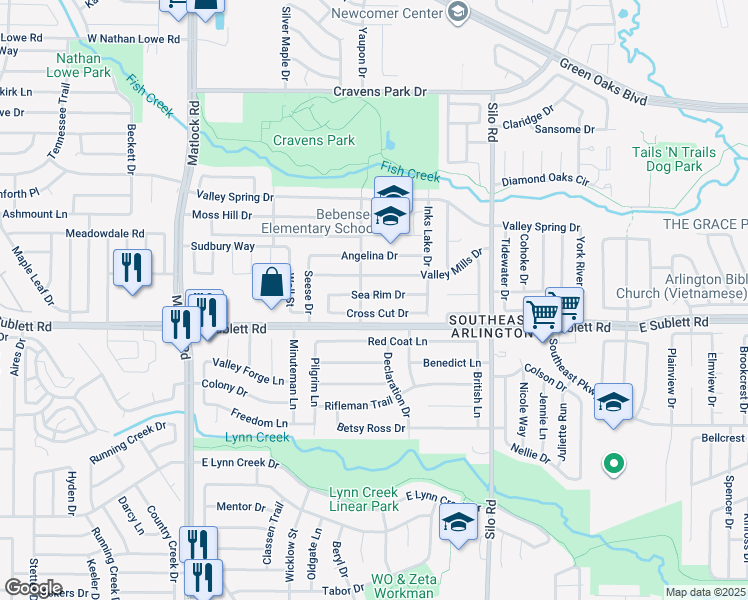 map of restaurants, bars, coffee shops, grocery stores, and more near 504 Sea Rim Drive in Arlington