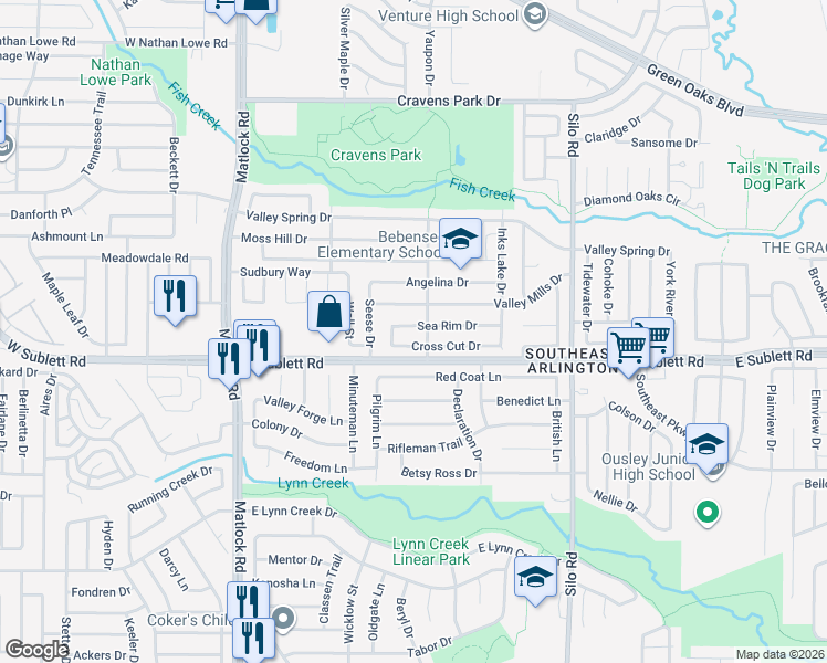 map of restaurants, bars, coffee shops, grocery stores, and more near 410 Sea Rim Drive in Arlington