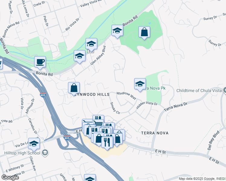 map of restaurants, bars, coffee shops, grocery stores, and more near 400 Moonview Drive in Chula Vista