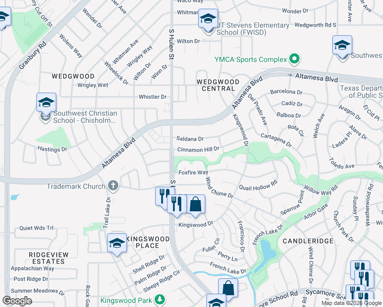 map of restaurants, bars, coffee shops, grocery stores, and more near 4609 Cinnamon Hill Drive in Fort Worth