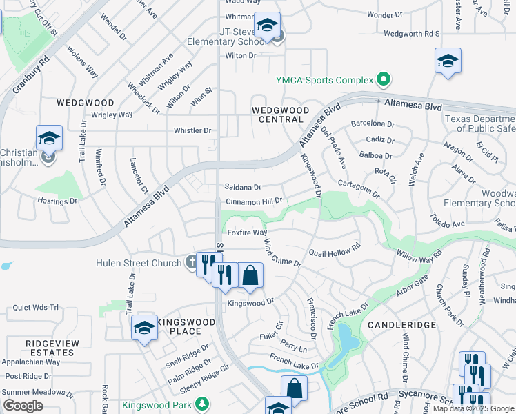 map of restaurants, bars, coffee shops, grocery stores, and more near 4609 Cinnamon Hill Drive in Fort Worth