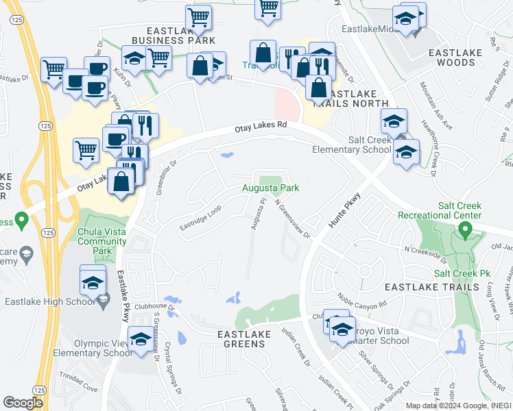 map of restaurants, bars, coffee shops, grocery stores, and more near 1086 Augusta Place in Chula Vista
