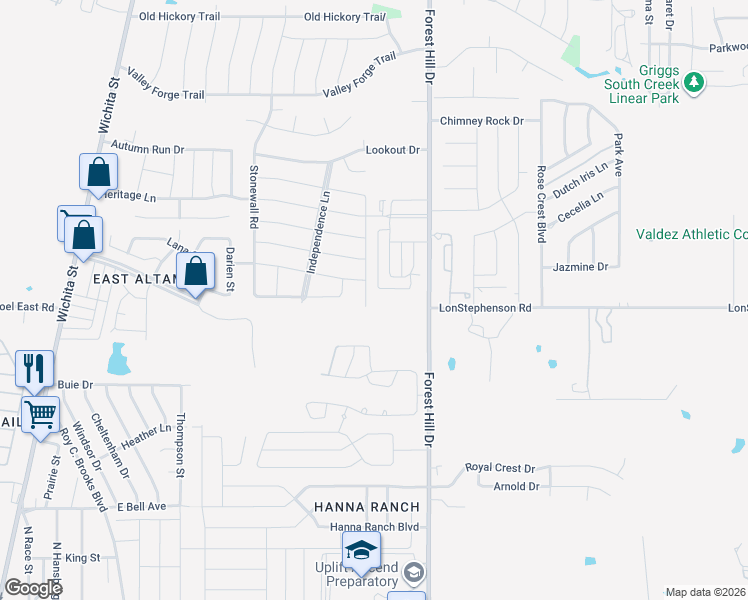 map of restaurants, bars, coffee shops, grocery stores, and more near 7357 Fredricksburg Drive in Forest Hill