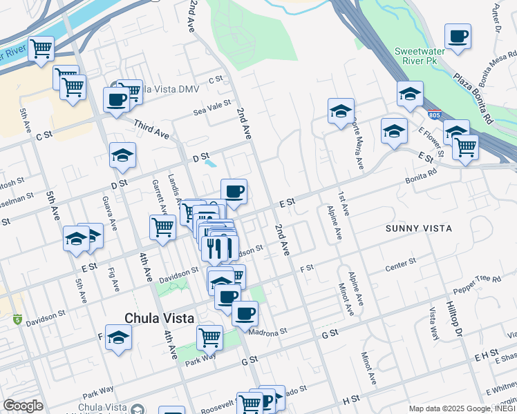 map of restaurants, bars, coffee shops, grocery stores, and more near 197 Twin Oaks Cir in Chula Vista
