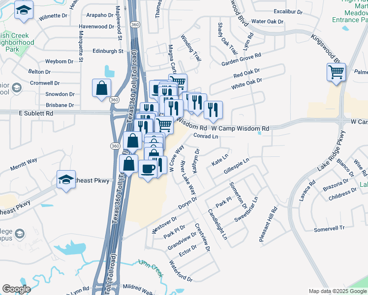 map of restaurants, bars, coffee shops, grocery stores, and more near 2883 Jerett Drive in Grand Prairie