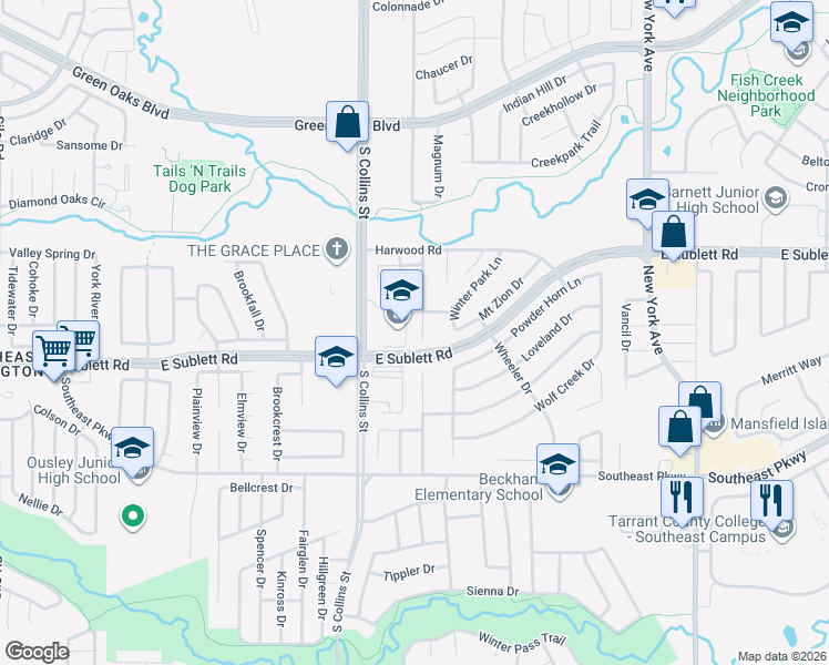map of restaurants, bars, coffee shops, grocery stores, and more near 6206 Parkmeadow Drive in Arlington
