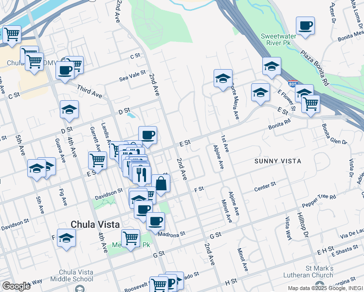 map of restaurants, bars, coffee shops, grocery stores, and more near 186 County Highway S17 in Chula Vista
