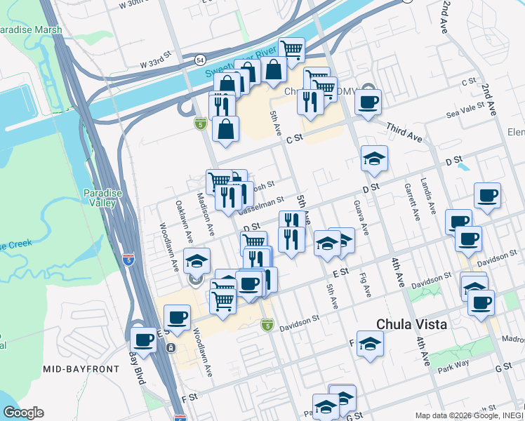 map of restaurants, bars, coffee shops, grocery stores, and more near 546 Casselman Street in Chula Vista