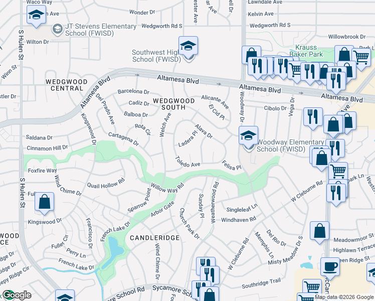 map of restaurants, bars, coffee shops, grocery stores, and more near 6800 Capilla Court in Fort Worth