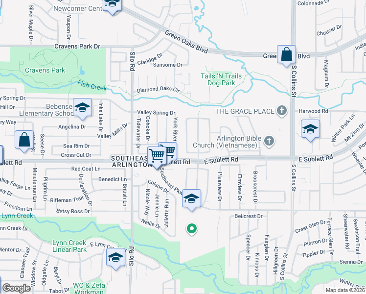 map of restaurants, bars, coffee shops, grocery stores, and more near 6115 York River Drive in Arlington