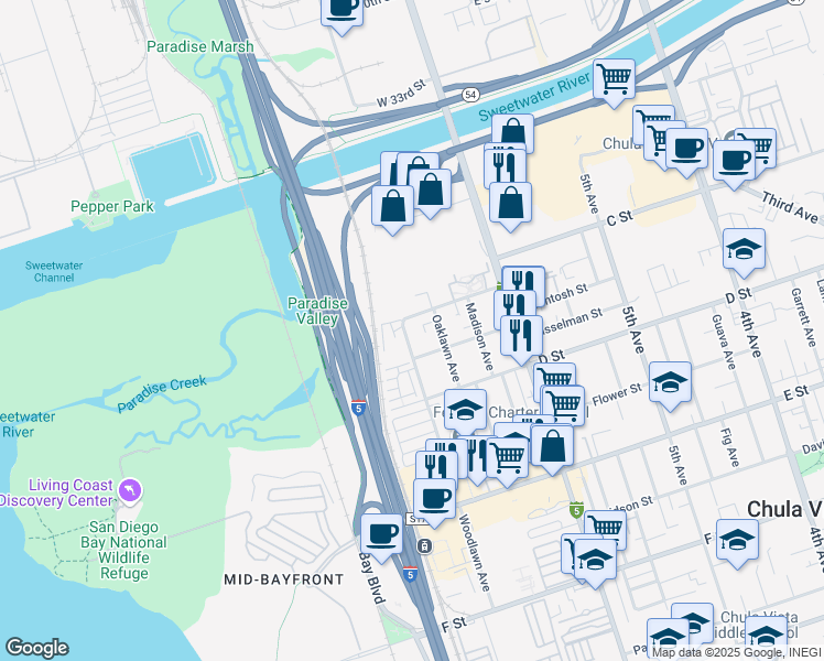 map of restaurants, bars, coffee shops, grocery stores, and more near 33 Woodlawn Avenue in Chula Vista