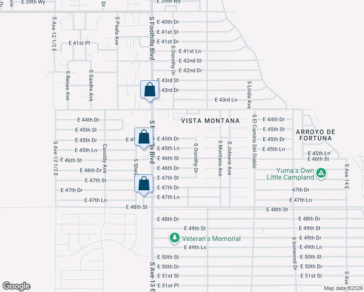 map of restaurants, bars, coffee shops, grocery stores, and more near 13252 East 45th Lane in Yuma