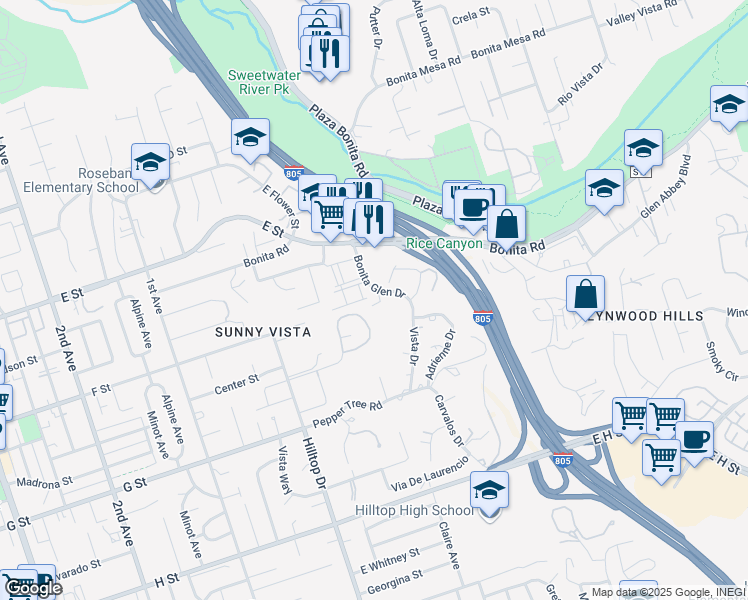 map of restaurants, bars, coffee shops, grocery stores, and more near 260 Bonita Glen Drive in Chula Vista