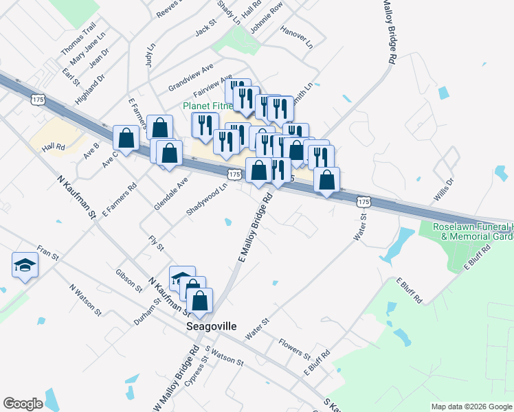 map of restaurants, bars, coffee shops, grocery stores, and more near 407 E Malloy Bridge Rd in Seagoville