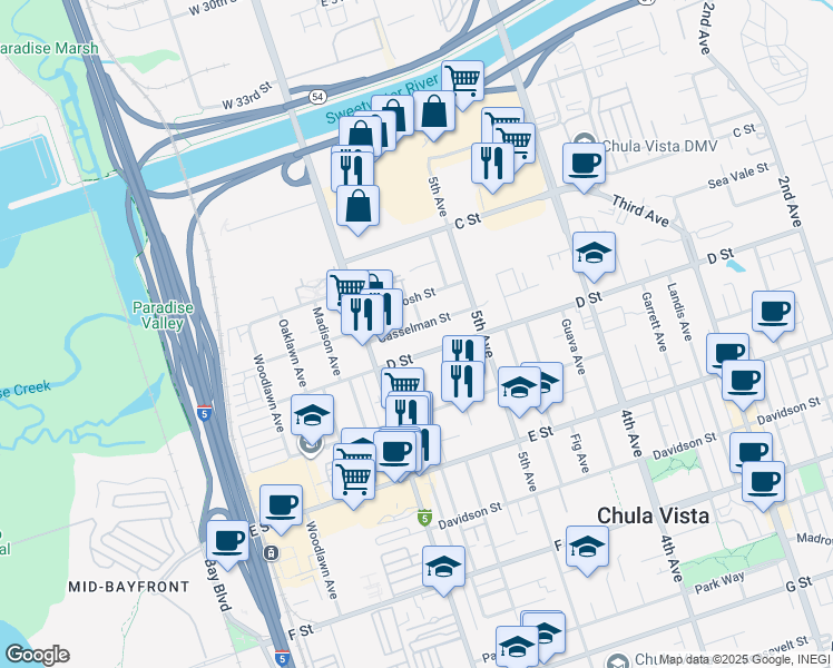 map of restaurants, bars, coffee shops, grocery stores, and more near 546 Casselman Street in Chula Vista