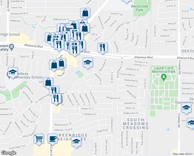 map of restaurants, bars, coffee shops, grocery stores, and more near 6714 Glenbrook Lane in Fort Worth