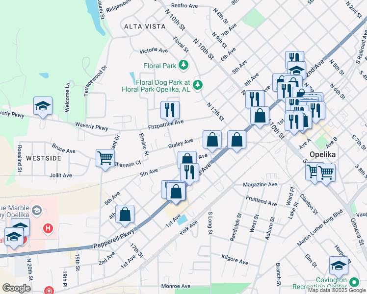 map of restaurants, bars, coffee shops, grocery stores, and more near 1105 Staley Avenue in Opelika
