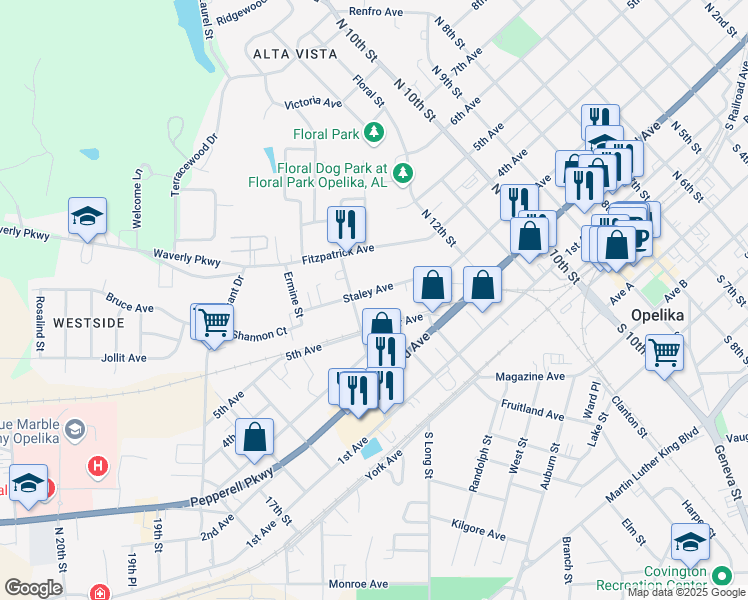 map of restaurants, bars, coffee shops, grocery stores, and more near 1105 Staley Avenue in Opelika