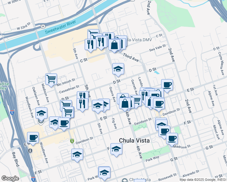 map of restaurants, bars, coffee shops, grocery stores, and more near 123 Guava Ave in Chula Vista
