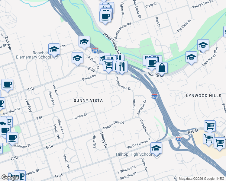 map of restaurants, bars, coffee shops, grocery stores, and more near 250 Bonita Glen Drive in Chula Vista