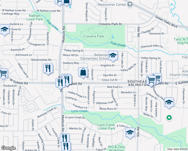 map of restaurants, bars, coffee shops, grocery stores, and more near 6109 Seese Drive in Arlington