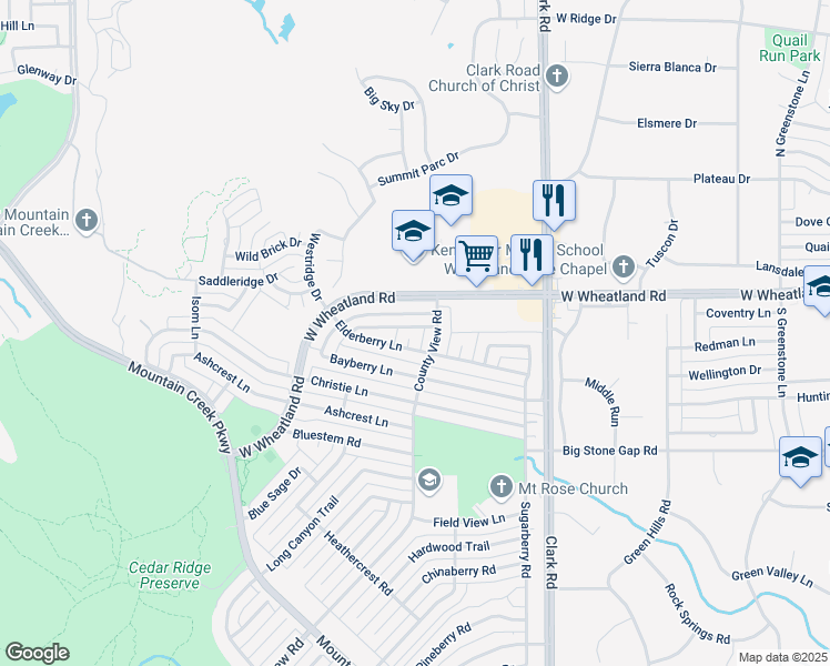 map of restaurants, bars, coffee shops, grocery stores, and more near 7310 Elderberry Circle in Dallas