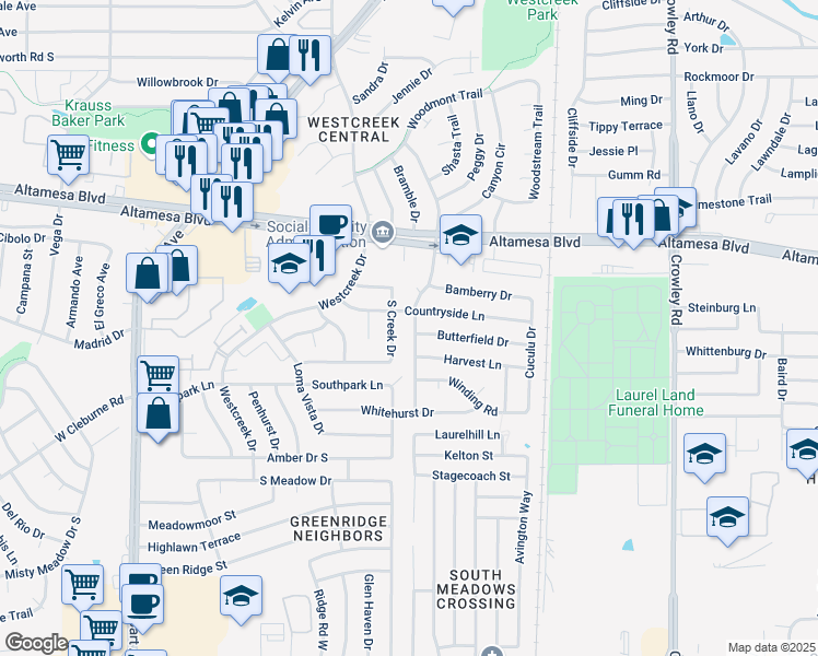 map of restaurants, bars, coffee shops, grocery stores, and more near 6710 Brookhaven Trail in Fort Worth