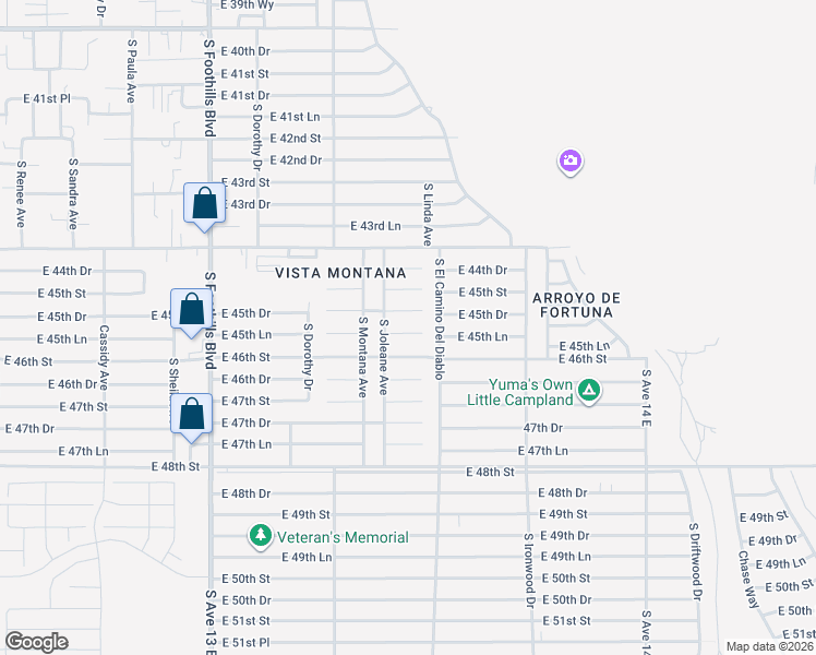map of restaurants, bars, coffee shops, grocery stores, and more near 13468 East 45th Lane in Yuma