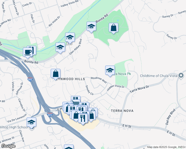 map of restaurants, bars, coffee shops, grocery stores, and more near 400 Moonview Drive in Chula Vista