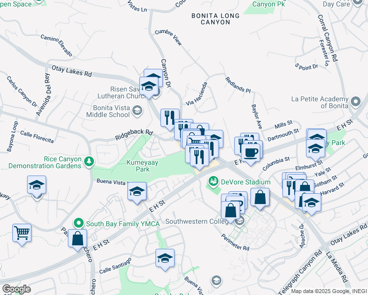 map of restaurants, bars, coffee shops, grocery stores, and more near 724 Otay Lakes Road in Chula Vista