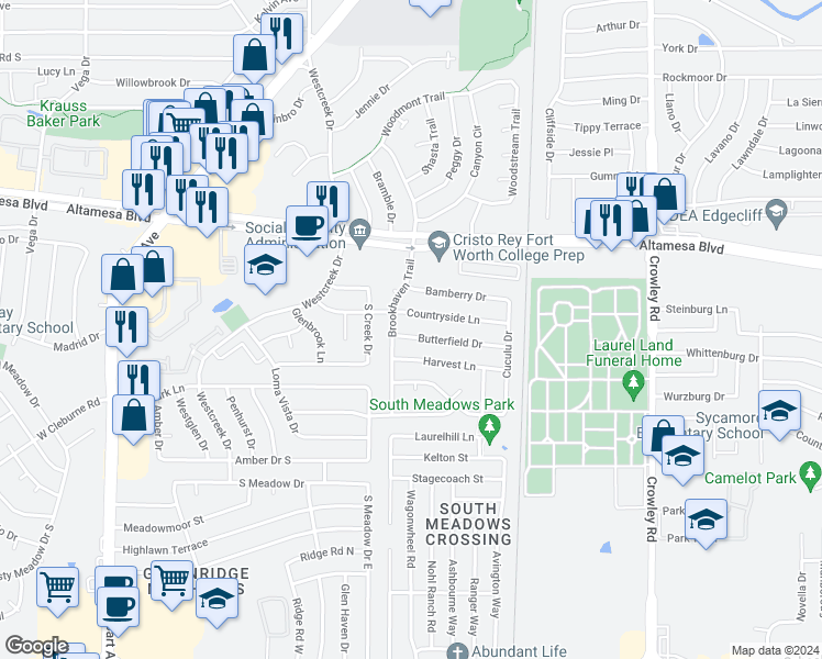map of restaurants, bars, coffee shops, grocery stores, and more near 2612 Butterfield Drive in Fort Worth