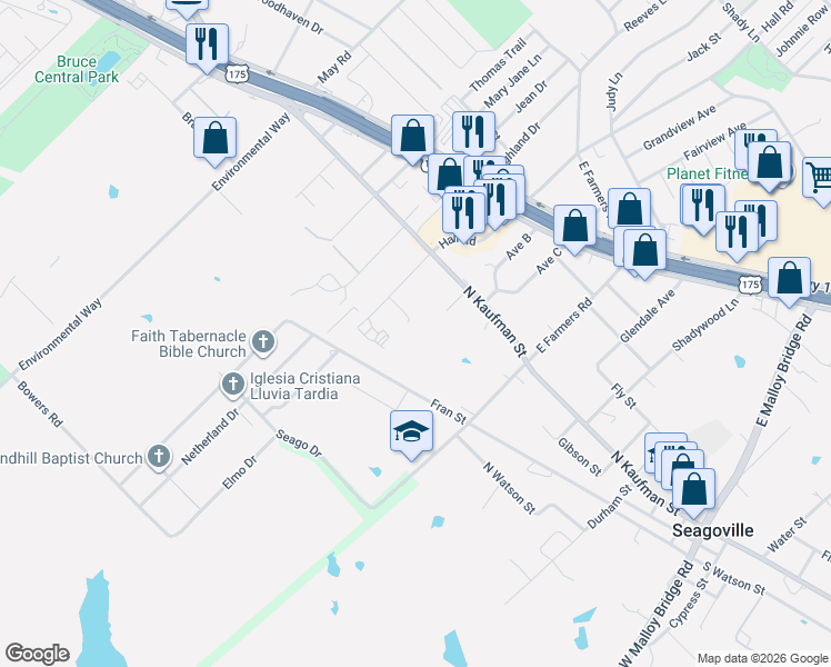 map of restaurants, bars, coffee shops, grocery stores, and more near 213 Mathis Street in Seagoville