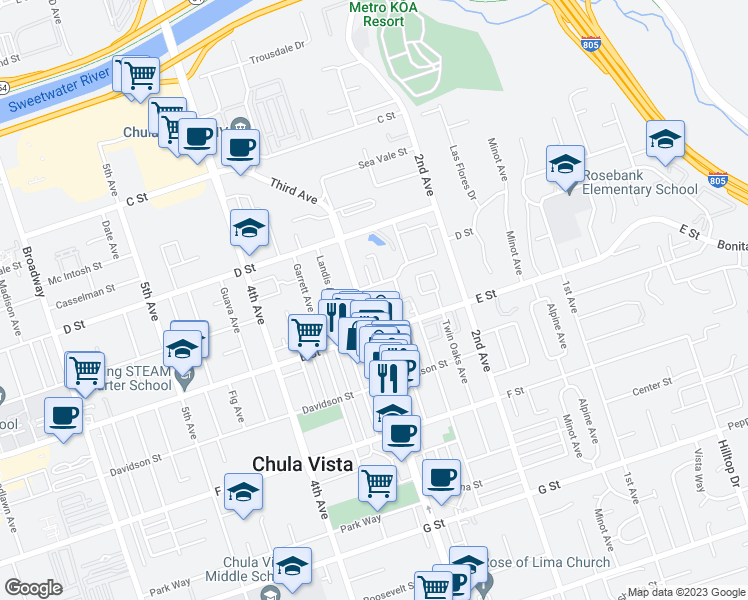 map of restaurants, bars, coffee shops, grocery stores, and more near 278 Fredericka Parkway in Chula Vista