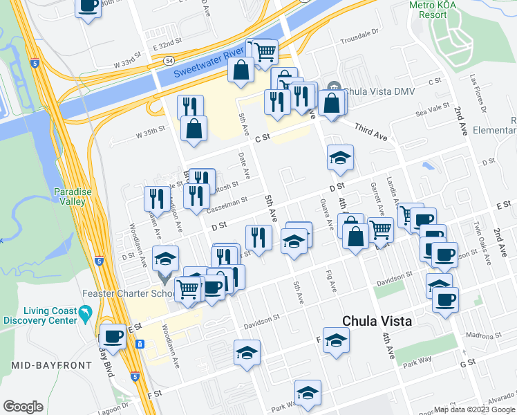 map of restaurants, bars, coffee shops, grocery stores, and more near 517 D Street in Chula Vista