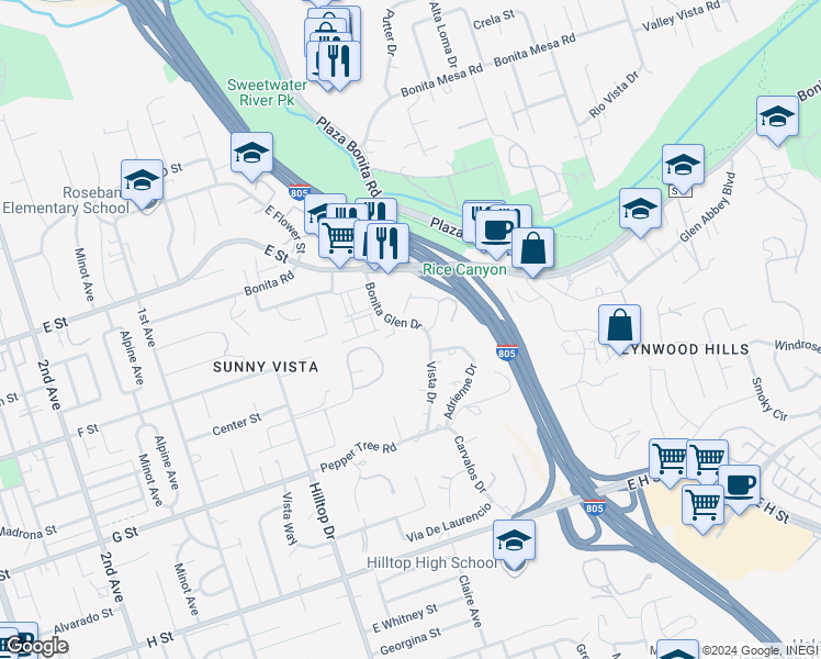 map of restaurants, bars, coffee shops, grocery stores, and more near 280 Bonita Glen Drive in Chula Vista