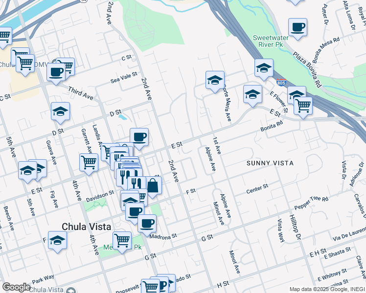 map of restaurants, bars, coffee shops, grocery stores, and more near 170 E Street in Chula Vista