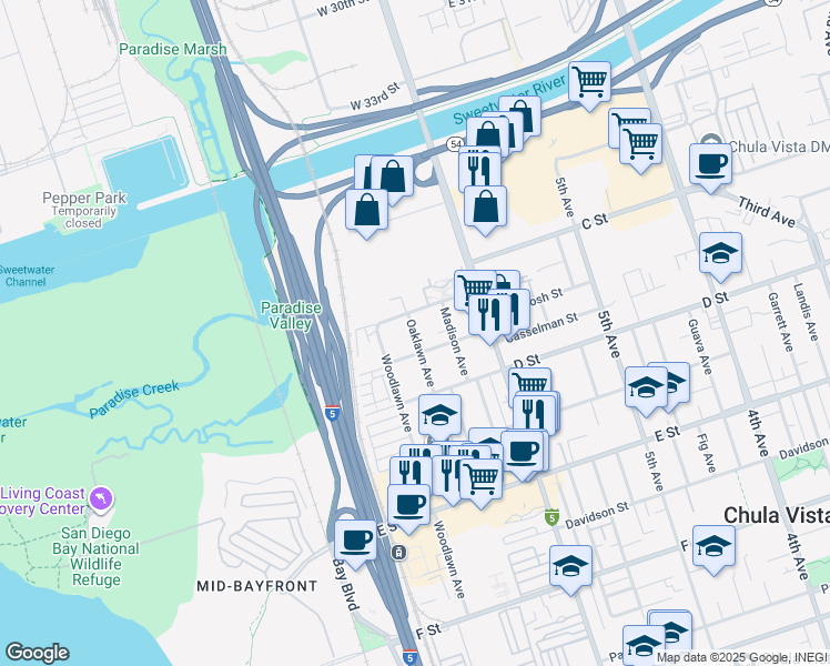 map of restaurants, bars, coffee shops, grocery stores, and more near 33 Woodlawn Avenue in Chula Vista