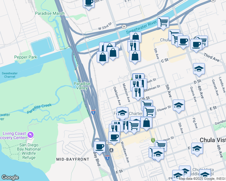 map of restaurants, bars, coffee shops, grocery stores, and more near 33 Woodlawn Avenue in Chula Vista