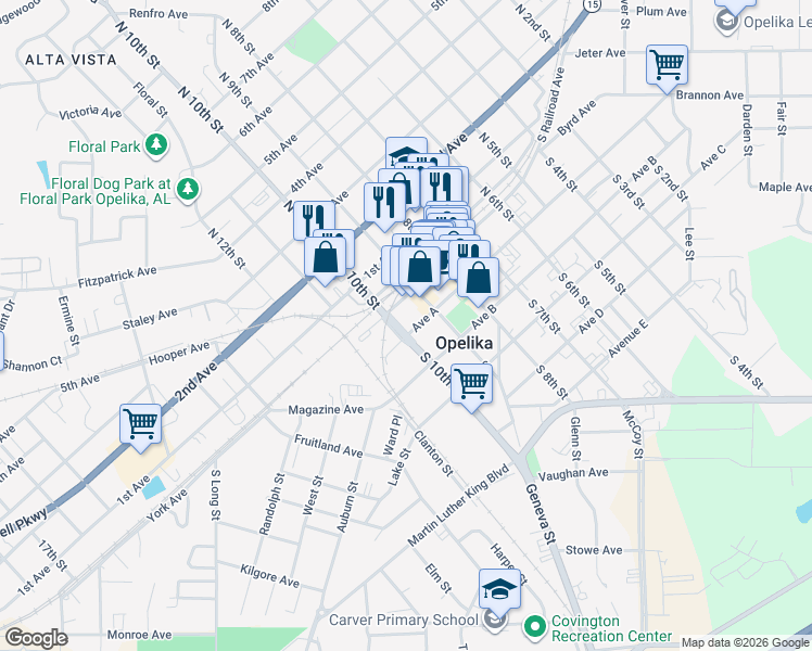 map of restaurants, bars, coffee shops, grocery stores, and more near 901-989 Ave A in Opelika