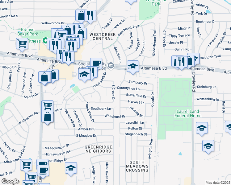 map of restaurants, bars, coffee shops, grocery stores, and more near 6710 Brookhaven Trail in Fort Worth
