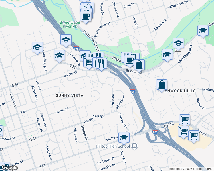 map of restaurants, bars, coffee shops, grocery stores, and more near 280 Bonita Glen Drive in Chula Vista