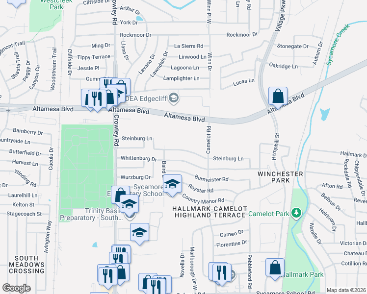 map of restaurants, bars, coffee shops, grocery stores, and more near 1520 Steinburg Lane in Fort Worth