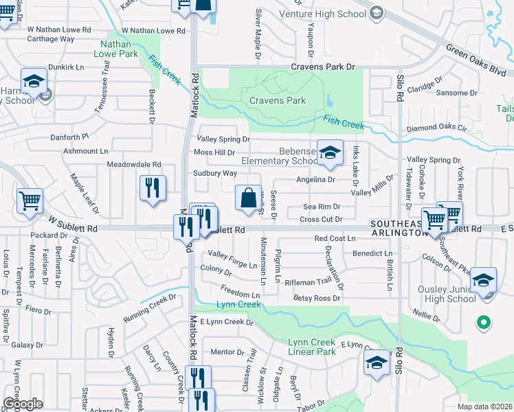 map of restaurants, bars, coffee shops, grocery stores, and more near 6110 Wall Street in Arlington