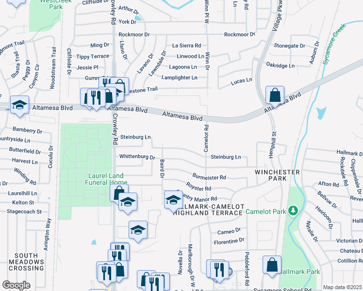 map of restaurants, bars, coffee shops, grocery stores, and more near 1520 Steinburg Lane in Fort Worth