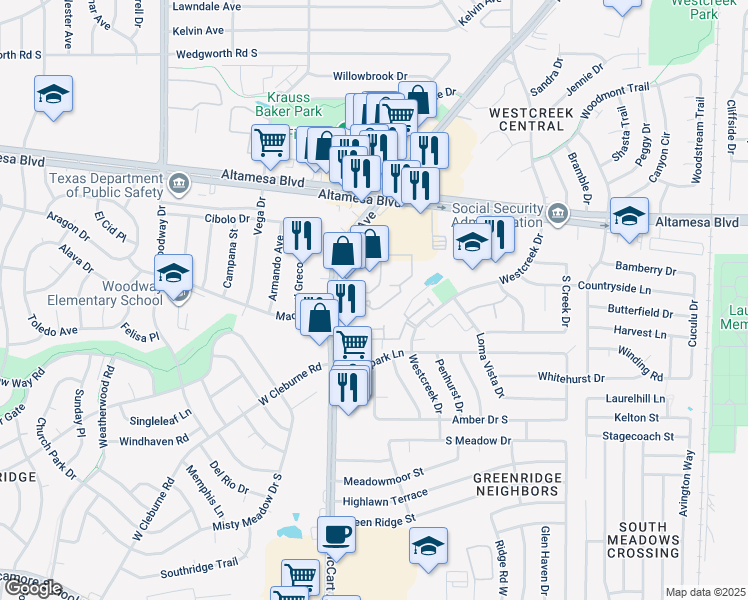 map of restaurants, bars, coffee shops, grocery stores, and more near 3378 Polo Club Drive South in Fort Worth